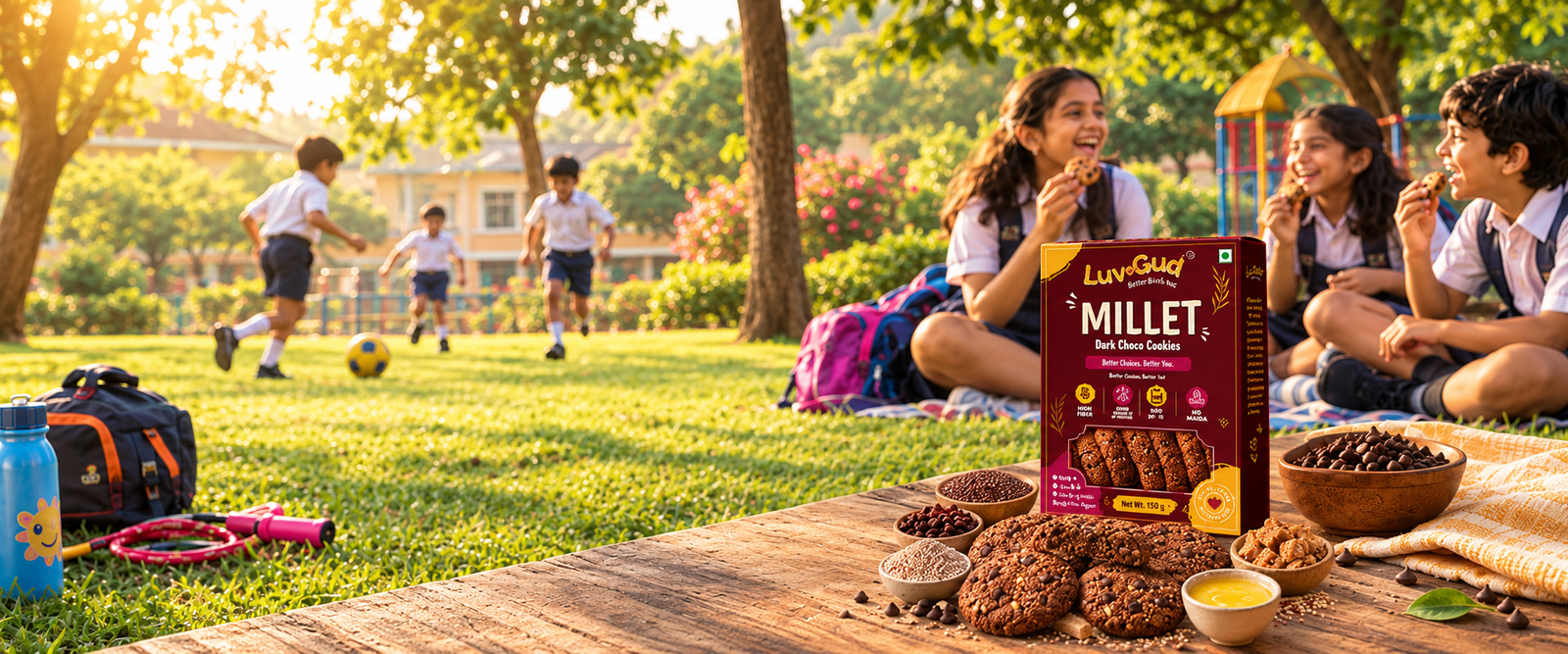 Children enjoying LuvGud cookies at a picnic